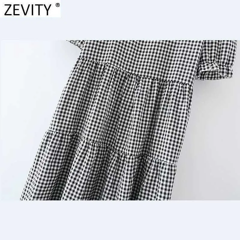 Zevity Femmes Vintage O Cou Puff Manches Plaid Imprimer Plis Midi Robe Femme Chic Casual Volants Une Ligne Robes DS8312 210603