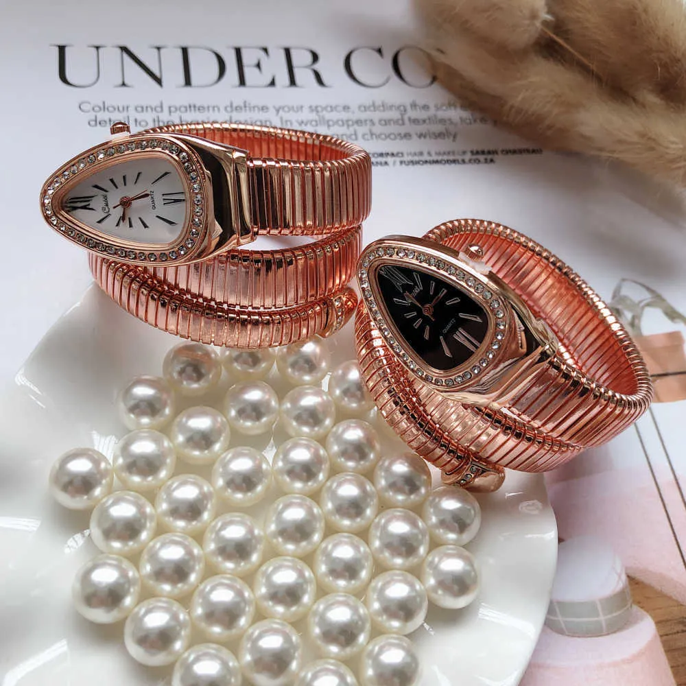 2021 リロイ Mujer 高級ゴールドスネーク巻き腕時計女性のファッションクリスタルクォーツバングルブレスレット腕時計レディース腕時計ギフト H1012