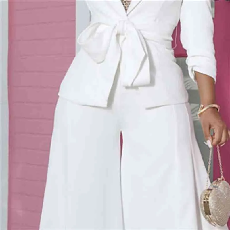 White Sets Office Lady Blazer with Pantskirt Suit Sashes Elegant Women Jackets Trousers Wide Leg Culottes Modest Fashion 210416