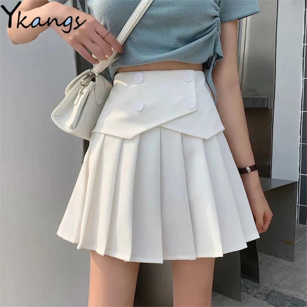 High Waist Pleated Skirt Summer Women'S Black White Short Skirts Vintage Office Ladies Fashion Sweet Girls Slim A-Line Mini Skir 210619