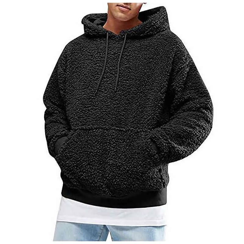 Mode Mäns Casual Solid Färg Hooded Långärmad Höst Vinter Varm Ficka Lös Sweatshirt Plush Fleece Hoodies Sportkläder # G3 211229