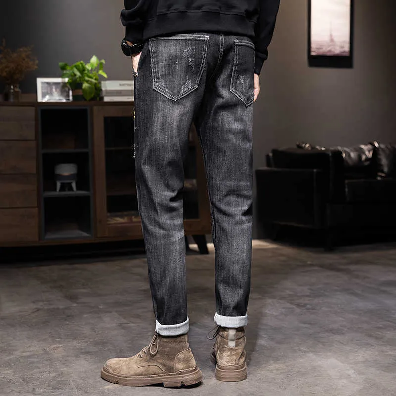 Biker jeans män mörkblå stretch smal passform distressed streetwear tryckt mönster denim byxor casual man byxor hip hop jeans x0621