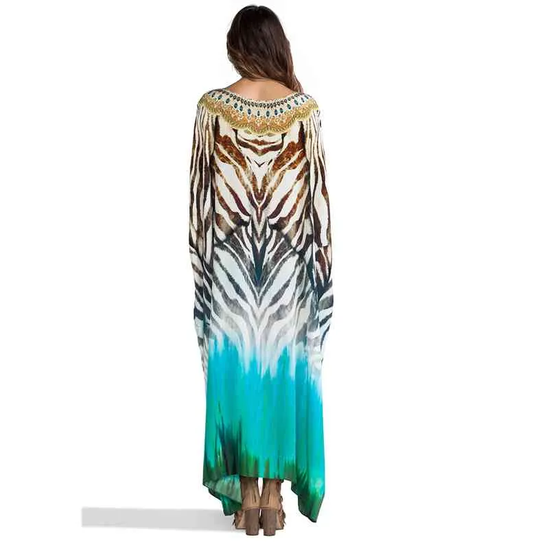 Bikini Cover-ups Mujeres Tallas grandes Ropa de playa Morrocan Kaftan Bohemio Impreso Vestido largo de verano Boho Traje de baño Cubrir Q1074 210420