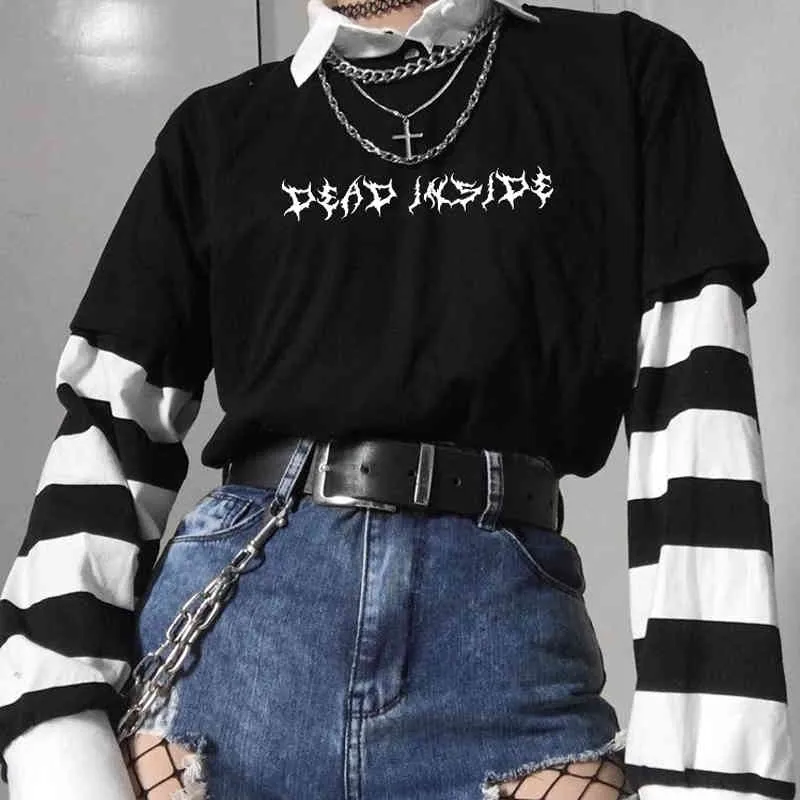 Dead Inside Letter Printed Woman Tshirts Grunge Tumblr Gothic Short Sleeve Cotton Graphic Oversized Tshirts Tops Women Clothes 210518