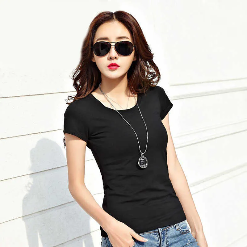 2020 Spring Summer Women Cotton T-shirt Svart V-Neck Kortärmad Kvinnlig Tee Slim White T-Shirt Casual Solid Lady Tshirt Topps X0527