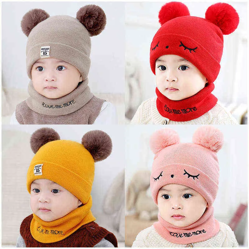 2 sztuk Noworodek Kapelusze Maluch Kapelusz Szalik Zestaw Winter Beanie Z Cute Pompon Kapelusze Dziecięce Ciepła Czapka Bonnet Funkcja dla 0-24 miesięcy Dzieci Y21111