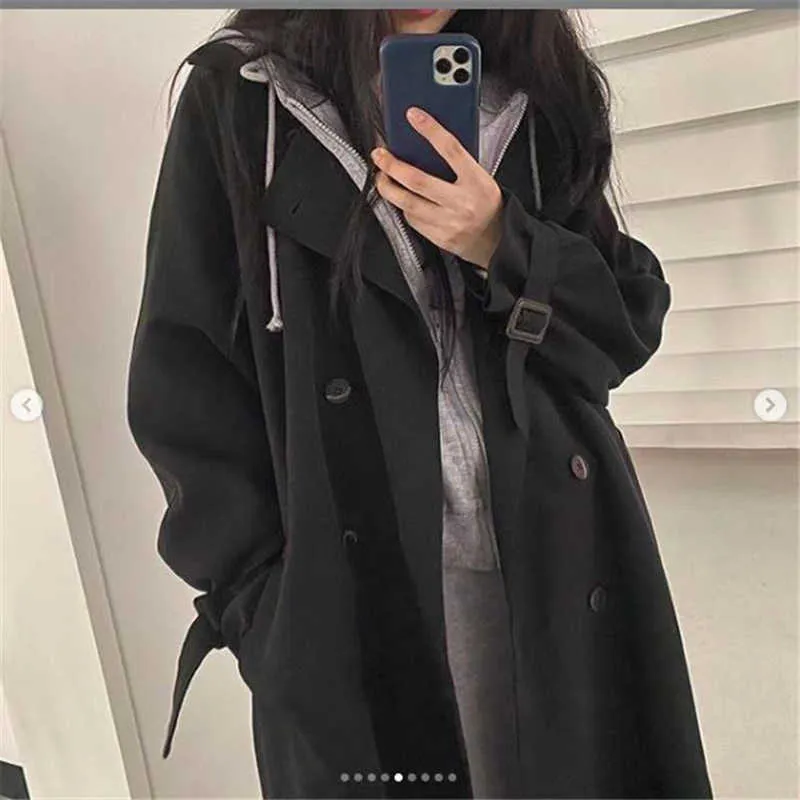 Woman Windbreaker Coat Black Retro British Style Spring Medium Long Korean Preppy Fashion Loose Women Oversize 210914