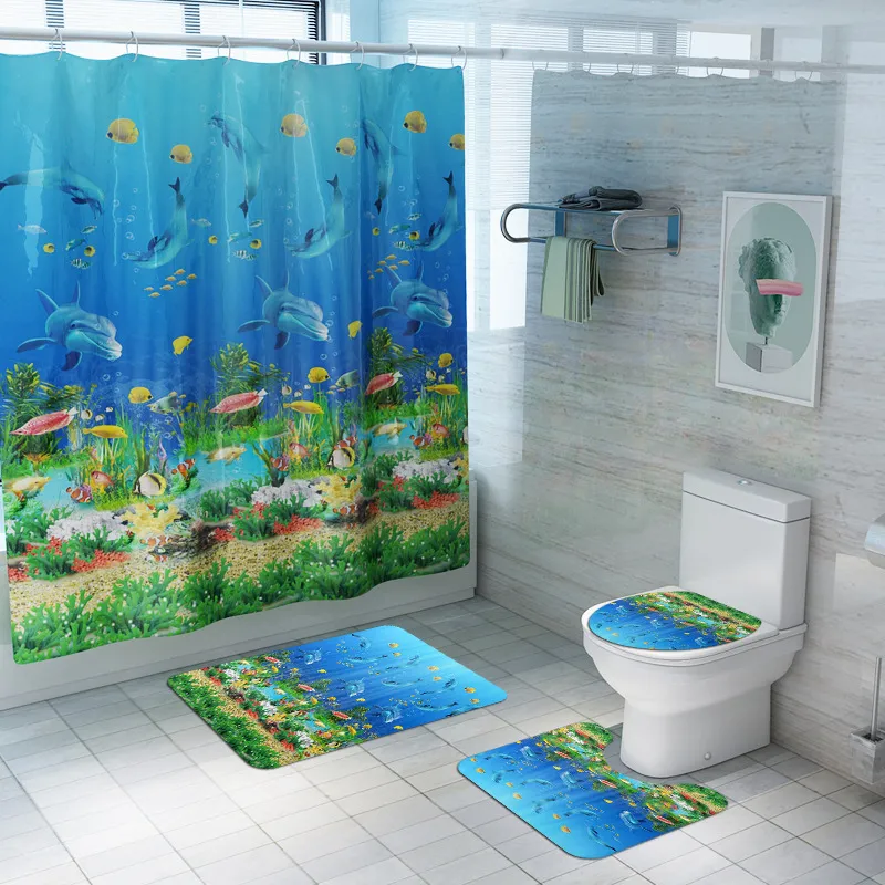 Housse de siège de toilette antidérapante tapis de bain Polyester imperméable rideau de douche ensemble tapis de salle de bain décor à la maison salle de bain tapis de pied 210401