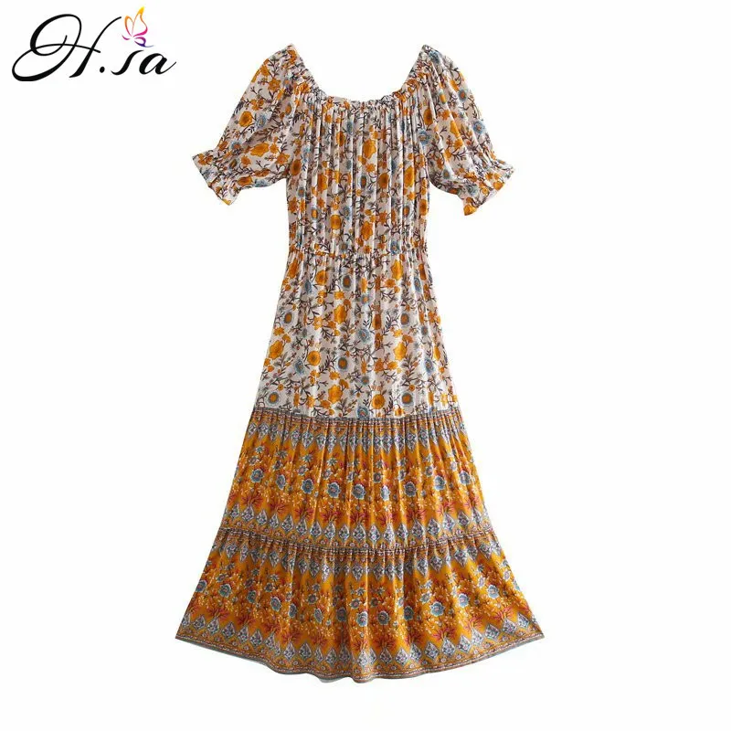 H.SA Retro Short Sleeve Floral Slash Neck Off Shouder Women Sexy Dress Patchwork Bohemian Long Vestidos 210417