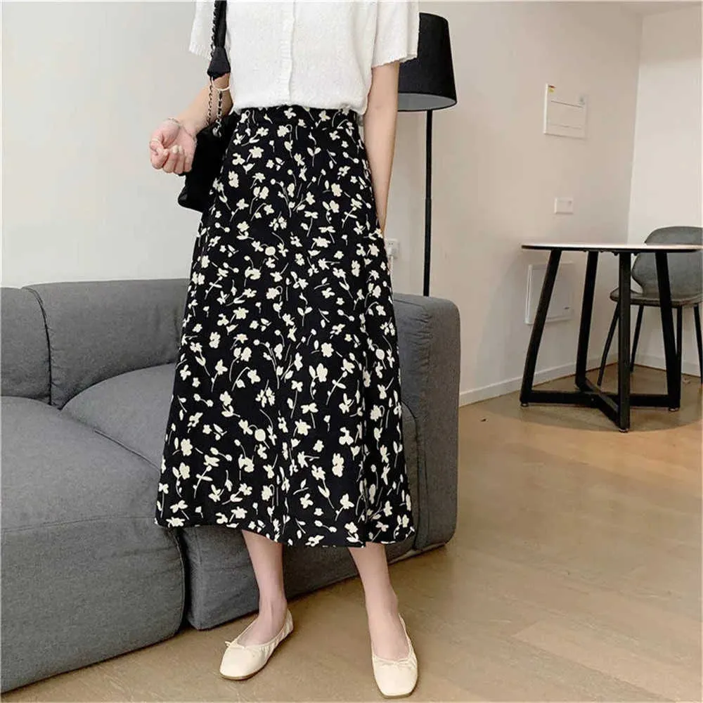 Zomerbloemprint rokken Harajuku High Taille Rooks voor vrouwen Spring herfst Midi Vintage rok Vrouwelijke Koreaanse stijl Lange rok 210619