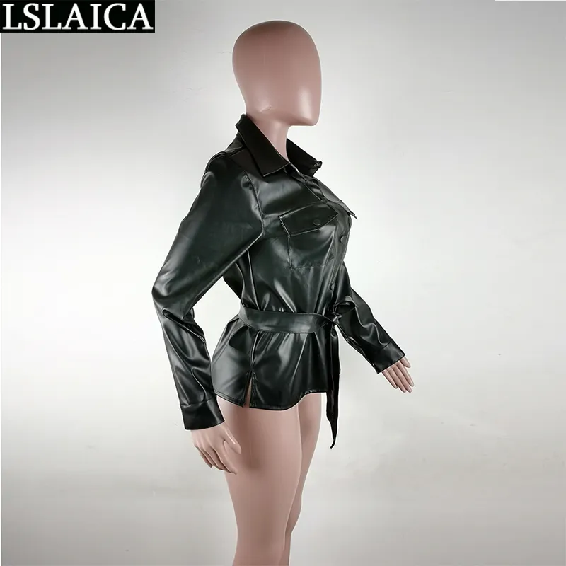 Black Woman Jacket Turn Down Collar Long Sleeve Pu Leather Female Streetwear Lace Up Casual Plus Size Coat Women Autumn 210515