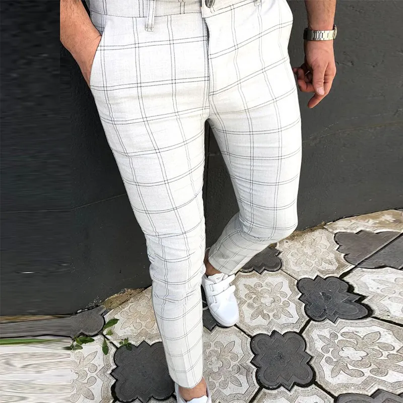 Style Vintage Plaid Drukuj Szczupła Ołówek Spodnie Dla Mężczyzn Casual Długie Spodnie Wiosna Letnia Moda Streetwear Męskie Ubrania Harajuk