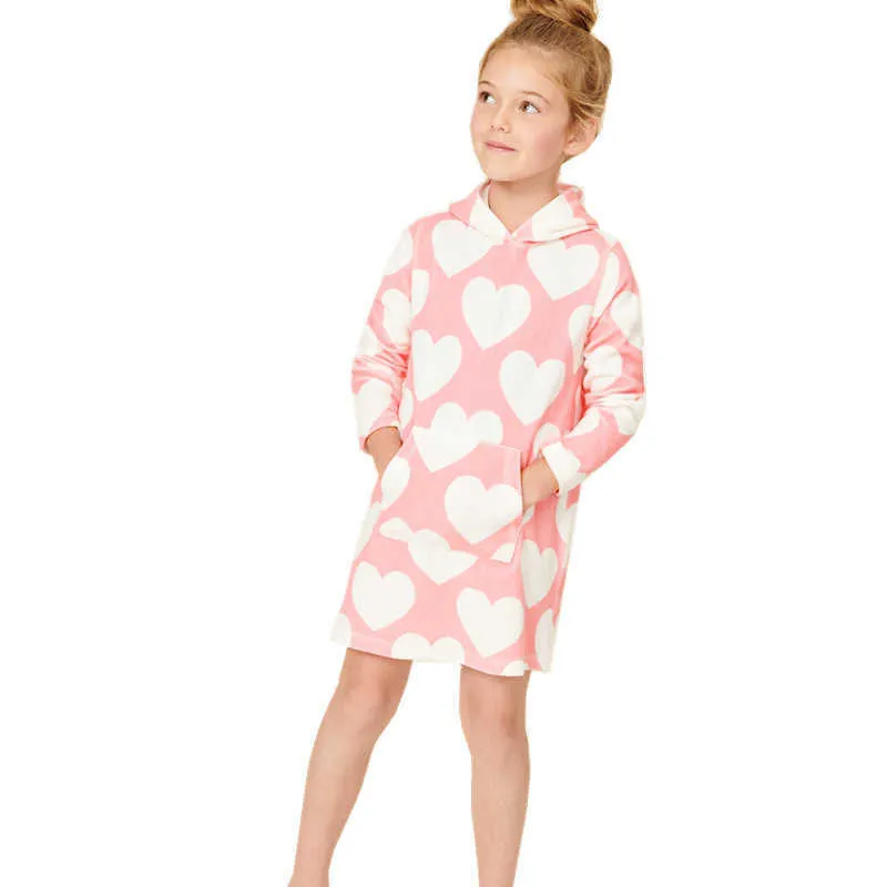 ジャンプメーターストライプサメの綿のパーカーのドレス秋冬の赤ちゃん女の子服ファッション子供のドレスのフード付き210529