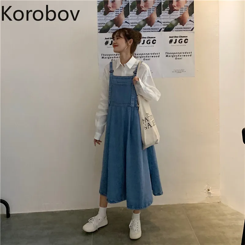 Korobov Frühling Sommer Frauen Kleid Adrette Taschen A-Line Weibliche Kleider Koreanische Hohe Taille Denim Vestidos 2a694 210430