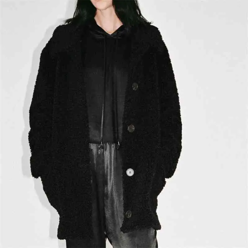 Streetwear Women Korn Cashmere Coats Fashion Ladies Button Pocket Loose OuterCoat Causal Kvinna Slå ner Krage Coat 210427