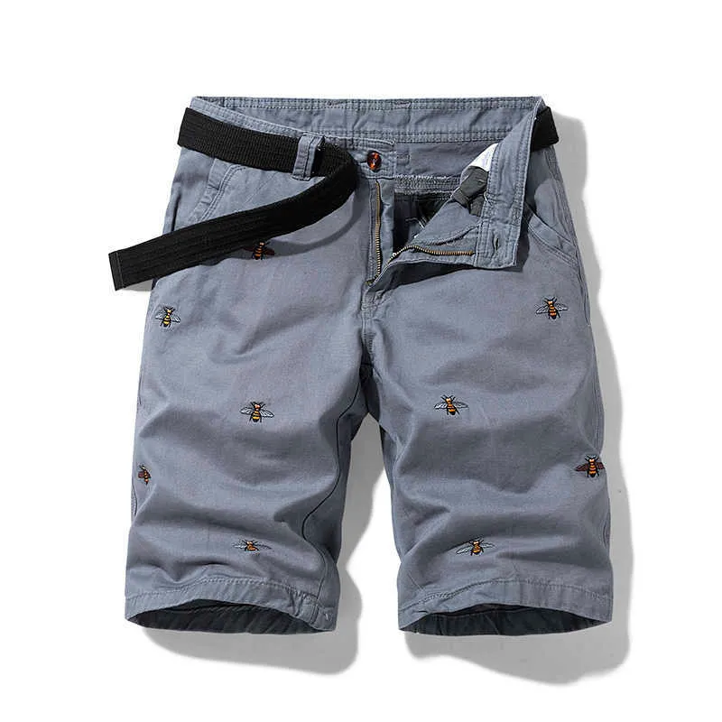 Zomer mannen effen kleur borduurwerk patroon lading shorts katoen strand casual bermuda overalls zak decoratie 210716