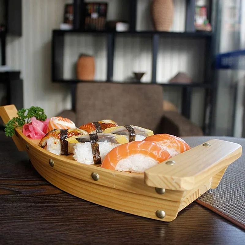 Besteck-Sets 37 x 15 x 3 x 7 cm, japanische Küche, Sushi-Boote, Werkzeuge, Holz, handgefertigt, einfaches Schiff, Sashimi, verschiedene kalte Gerichte, Geschirr, Bar258P