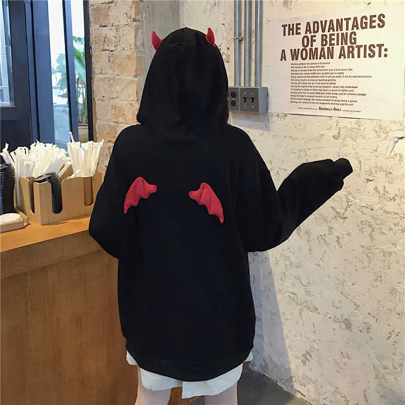 Devil Horn Hoodie Streetwear Gothic Hooded Women Loose Black Sweatshirts Oversized Harajuku Kawaii Cute Clothes Fleece 210928