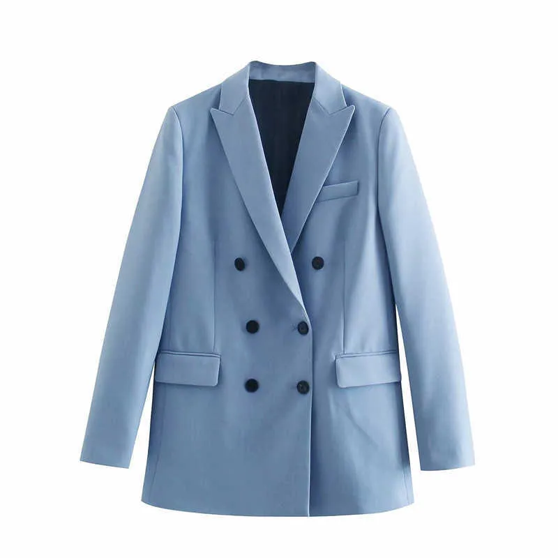 Za Blue Dubbelbröst Spring Blazer Kvinnor Långärmad Office Lady Coat Blazers Woman Chic Flap Fickor Eleganta Toppar 210602