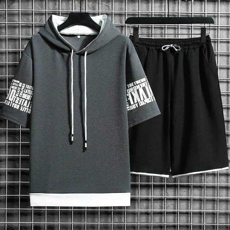 Hombres conjunto casual sudadera con capucha camiseta de manga corta pantalones cortos masculino jogging traje deportivo traje de chándal estilo de calle de verano 210722