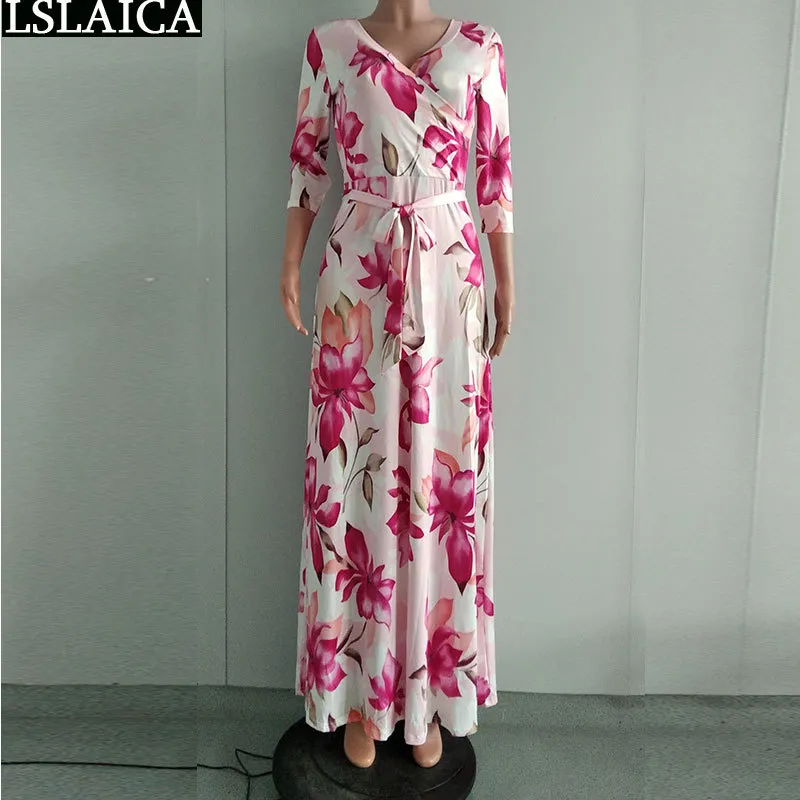 Boho Jesień Kobiety Sukienka Kwiatowy Drukuj Trzy Czwarty Rękaw V Neck Ladies Maxi Wysoka talia Sashes Beach Holiday Abiti 210515