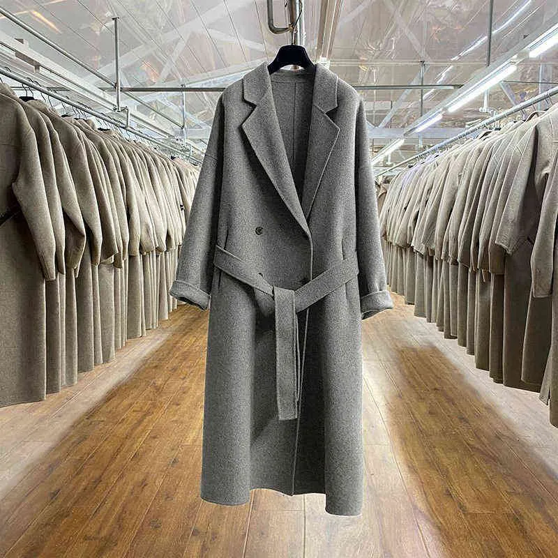 Invierno coreano hecho a mano doble pecho largo 100% abrigo de lana mujeres sueltas más tamaño cinturón de cordones abrigo de lana de gran tamaño 211118