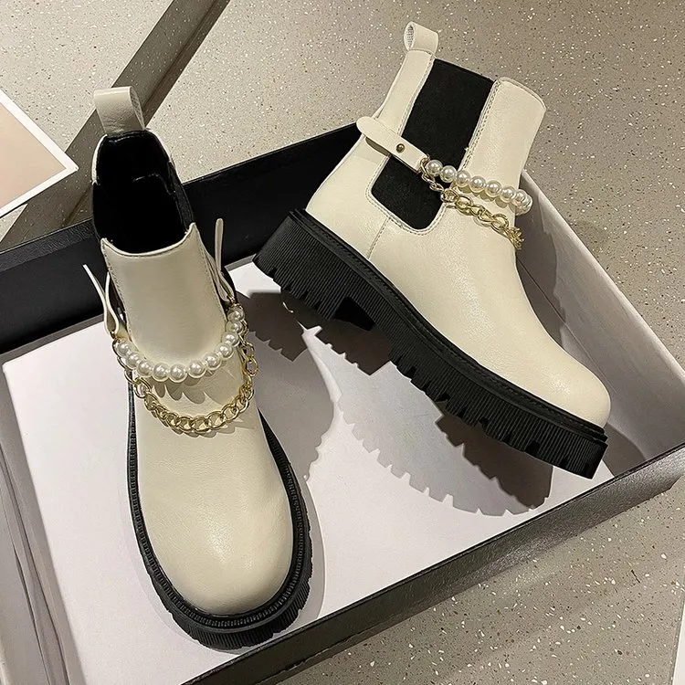 Bottes courtes à talons moyens pour femmes, bottes simples à tête ronde avec perles et épais, à la mode, automne 2021