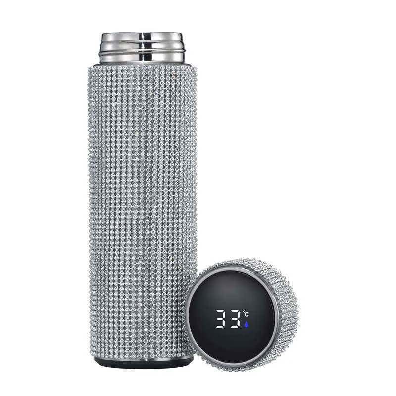 Smart Diamond Thermos Touch Temperatur Display Rostfritt Stål Vakuumkolv Vattenflaska Kaffekopp Mugg 211109