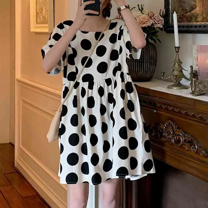 Ezgaga polka dot klänning kvinnor kortärmad koreansk mode sommar fyrkantig krage lös hög midja söt klänning casual vestidos 210430