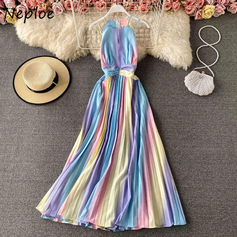 Neploe Occident Rainbow Fashion Dress Women High Waist Hip A Line Pleat Vestidos Summer Halter Sleeveless Robe Slim 210510