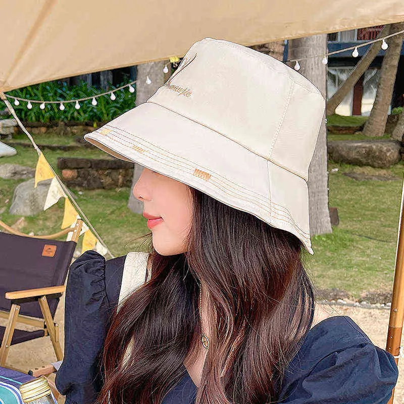 2022 moda grandes aleros letra de amor estampado cubo sombrero verano sol gorras para mujeres pescador sombrero para el sol G220311