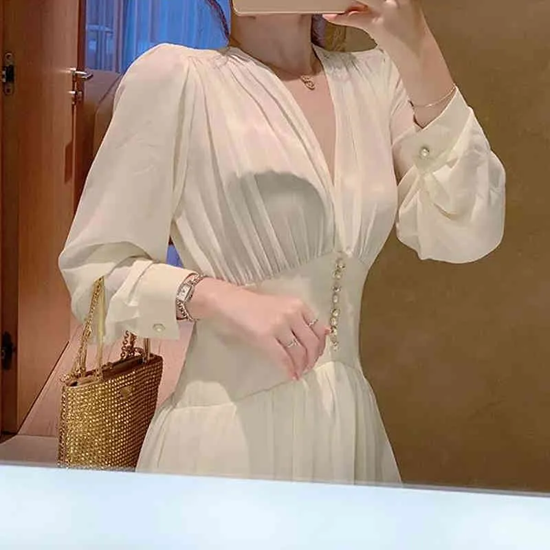 Elegant Sexy Women White Long Sleeve Party Dress Office Lady V-neck Loose Midi Dresses Autumn Clothing Female 12097 210417