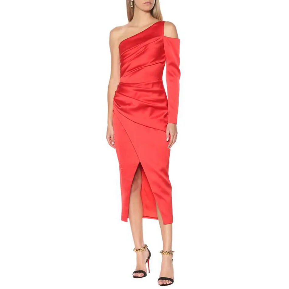 Free Women Red Satin Dress Vestidos Sexy One-shoulder Hollow Long Sleeve Bodycon Split Draped Club Party 210524