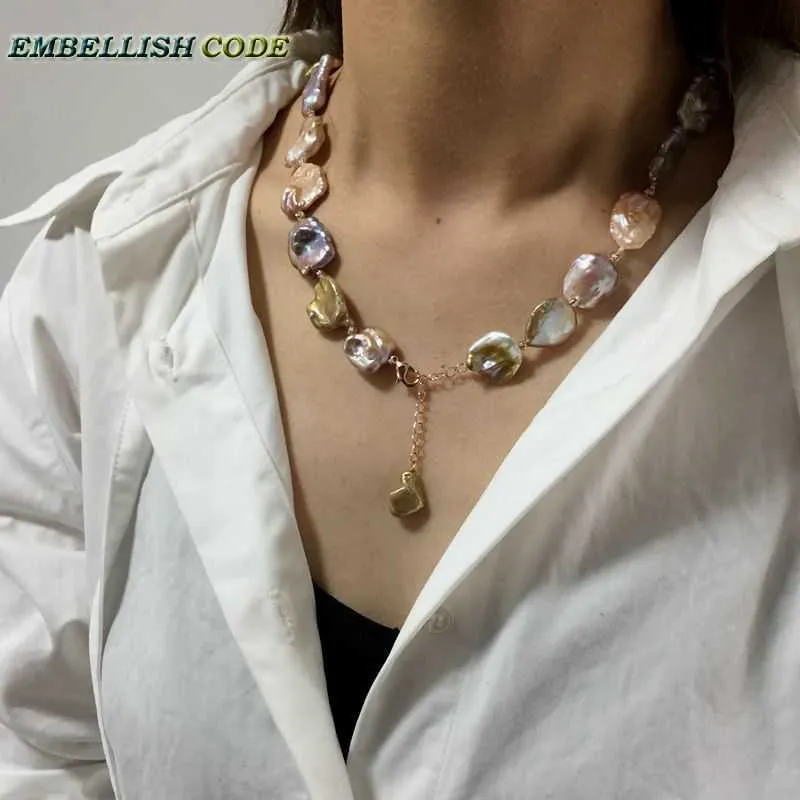 Décor de haute classe bon collier de perles brillantes Keshi carré irrégulier Style Baroque pêche doré mixte bijoux fins d'eau douce