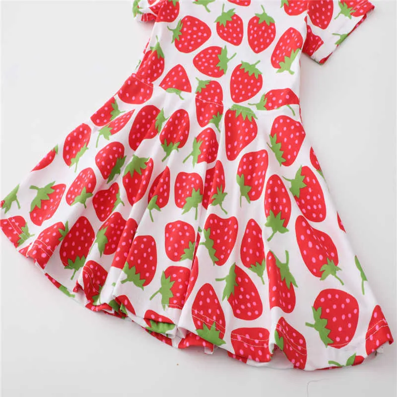 Hoppmätare sommar prinsessa tjejer klänningar med huvud rep bomull jordgubbe print mode kortärmad kostym barn fest 210529