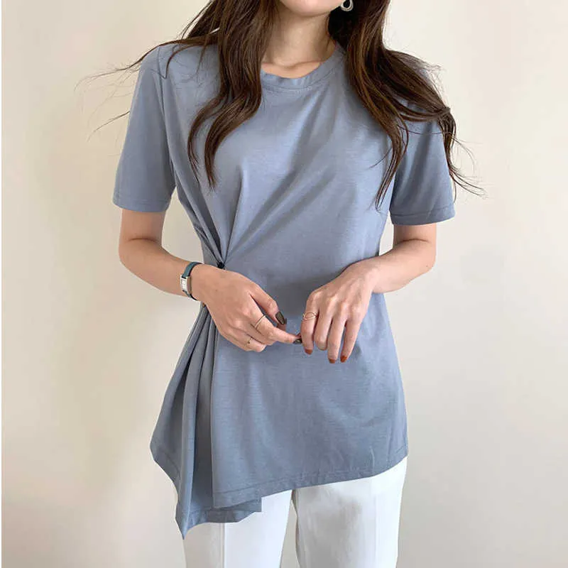 Korjpaa Kvinnor T-shirt Sommar Korea Chic All-Match Haze Blå Rund Halsjusterbar Spänne Midja Design Oregelbundna Pullovers 210526