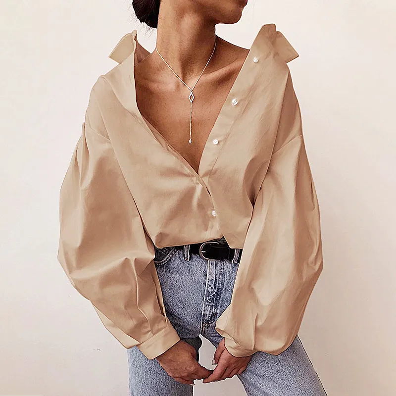 Casual Solid Women Office Shirts Outwear Tops Turn-down Collar Blouse With Pockets White Chiffon Satin Blouse Shirt Long Sleeve 210401