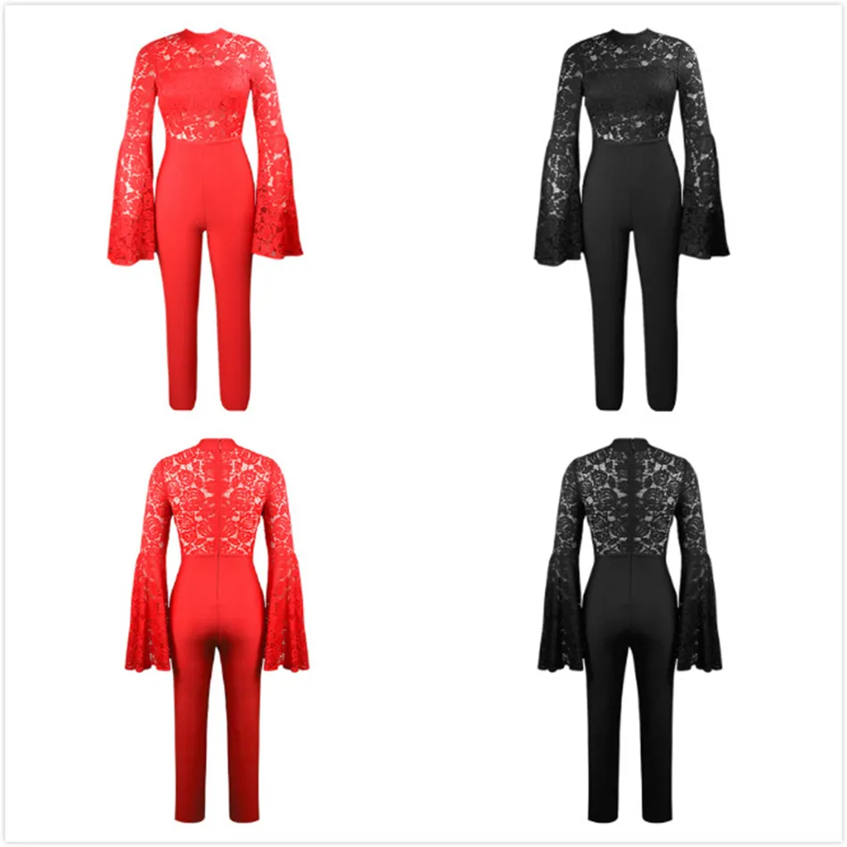 Gratis Sexig Hollow Lace Bandage Jumpsuit Runway Kvinnors O-Neck Red Black Bodycon Flared Sleeve 210524