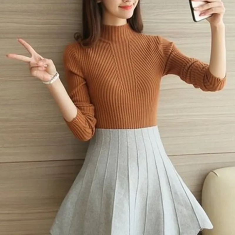Solid Color Women's Höst Winter Pullover Sweater Slim Primer Shirt Full Sleeve Half High Collar Slim-Fit Tight Jumper Top 210520