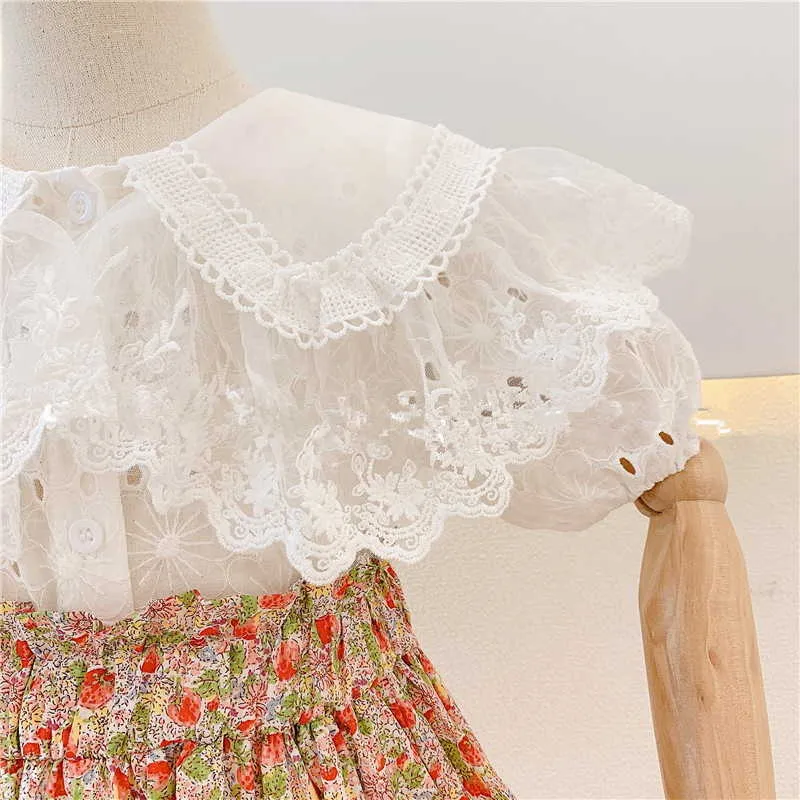 Summer Girl Outfits Lace Collar Camisa Branca + Floral Skirt Sets Kids Roupas Meninas E120 210610