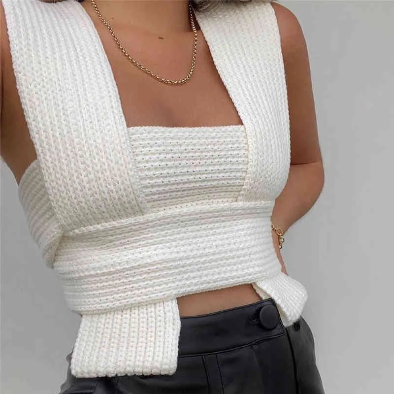 Sexy Women V-Neck Asymmetric Cross Sweaters Fashion Ladies White Knitted Tops Streetwear Female Chic Solid Short Camis 210427