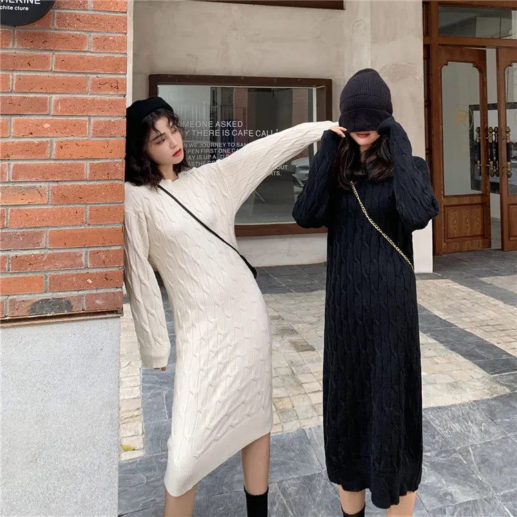 Manches longues automne hiver femmes robes tricoté Style coréen à la mode surdimensionné chaud élégant dame robe Midi 220B 210420
