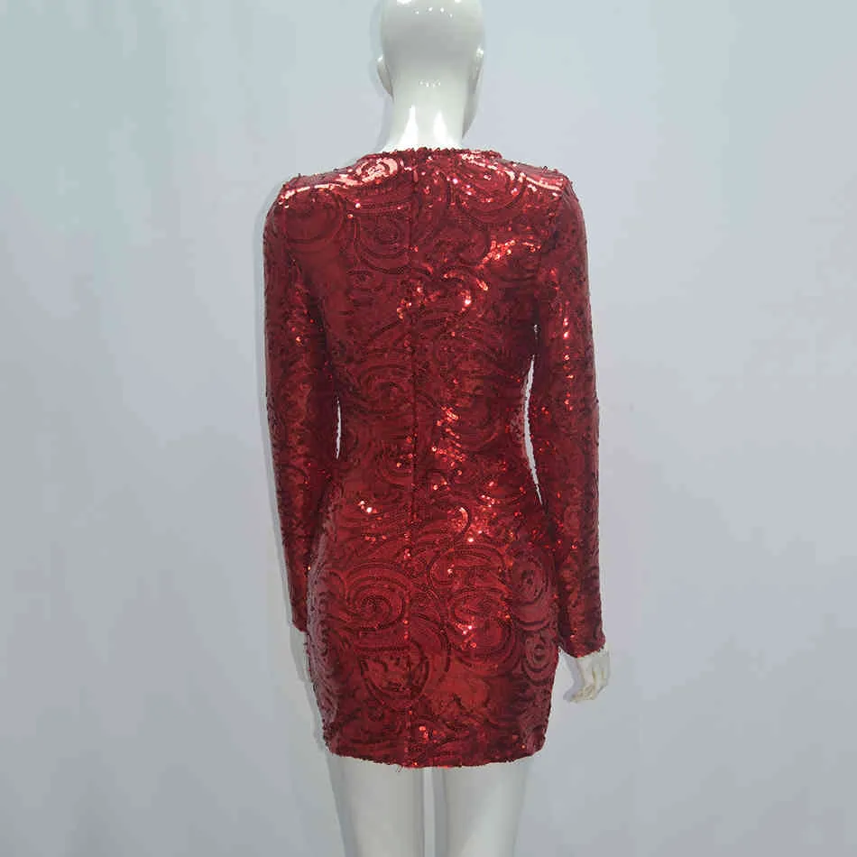 Gratis Kvinnor Röd Elegant Sequined Bandage Dress O-Neck Långärmad Bodycon Mini Celebrity Club Party 210524