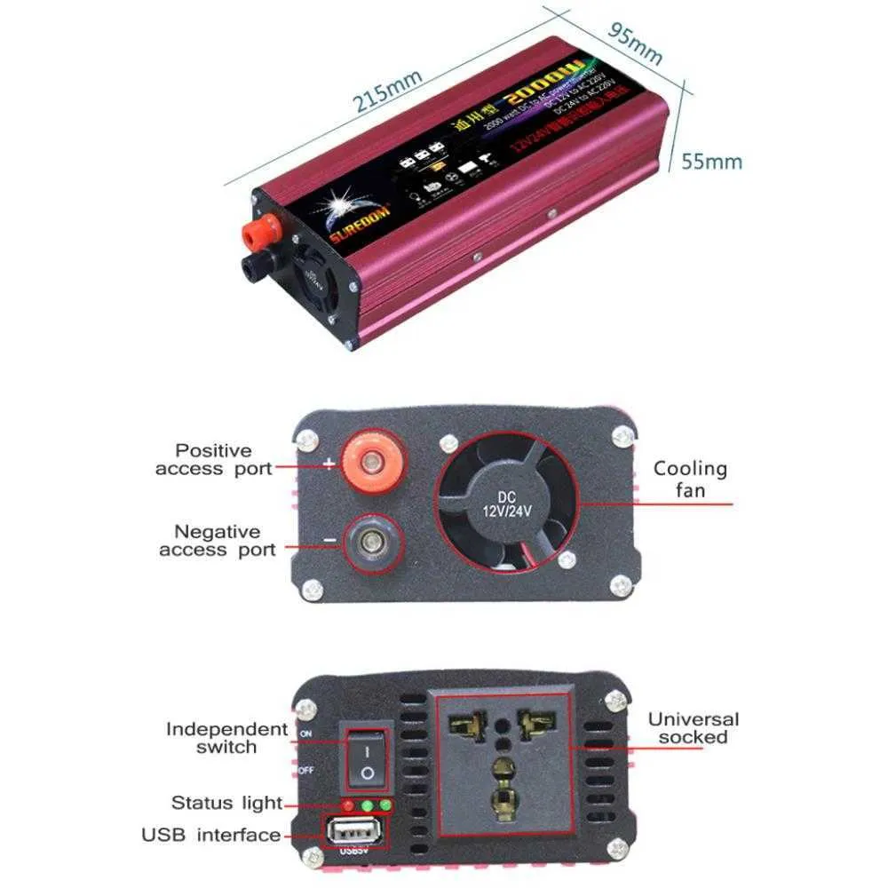 Auto-omvormer gemodificeerde sinusgolfomvormer DC 12V / 24V naar AC 110V / 220V 2000W Voltage Transformator Power Converter Inverter 12V 24V-auto