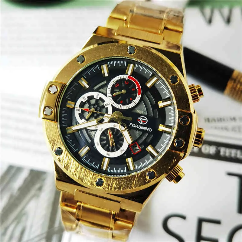 Granining Goldene Herren Mechanische Automatische Uhr Racing Car Design 3 Sub-Dial-Datum Military Armbanduhr Uhr Relogio Masculino
