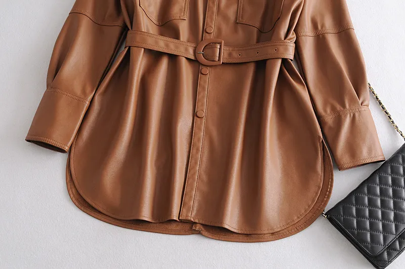 Brand Faux Soft Leather Jackets Coats Lady Khaki single breasted Pu Shirt Autumn Winter Casual Long Sleeve Tops Blouse