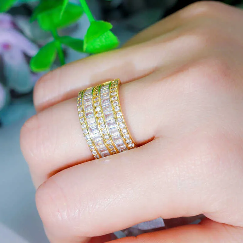 2 wiersz Wspaniały Cyrkonia Pave Yellow Gold Silver Color Big Pierścienie Dla Kobiet Zaręczyny Band Band Biżuteria R155 210714