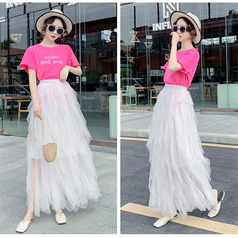 Qooth Puffy Mesh Multi-Layer Cake Skirt Spring Summer Fairy Pleated Skirt Elastic Waist Mid-Length A-Line All Match Skirt QT646 210518