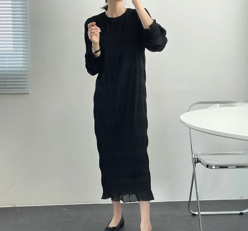 Korean Chiffon Women Long Dress Lantern Sleeve O-neck Straight Dresses Vintage Elegant Loose Ladies Vestidos Femme 210513