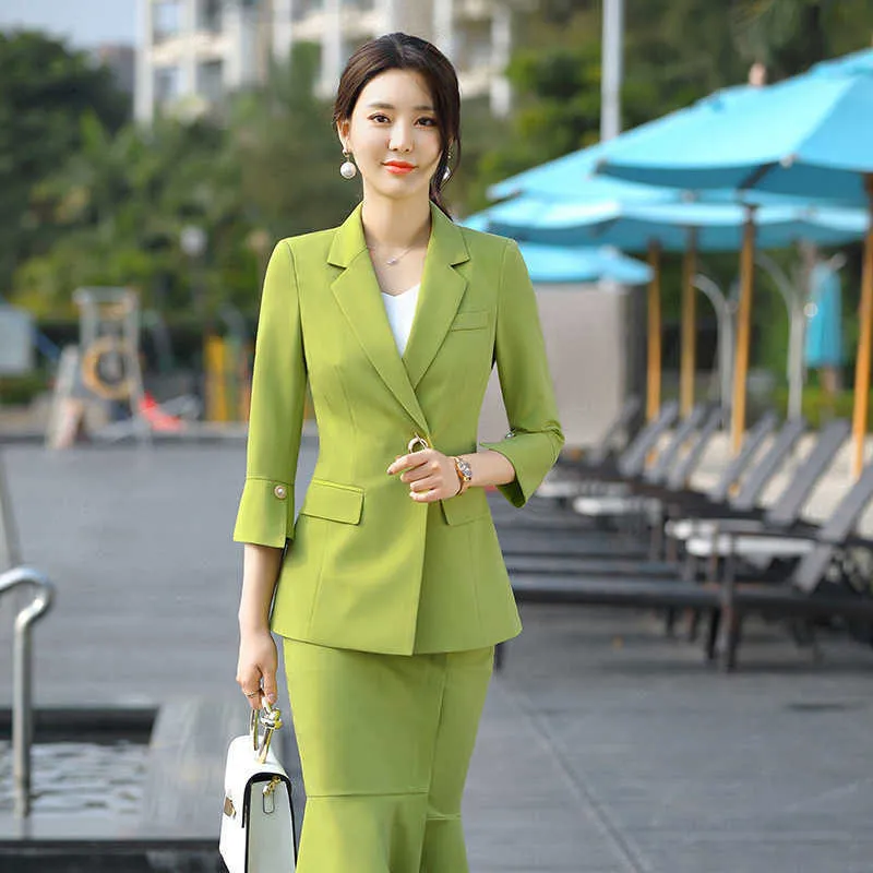 High quality ladies fishtail skirt suits two-piece slim green long sleeve jacket High-end professional interview set 210527